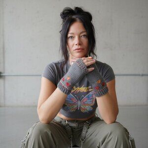 Gray Multicolor Wrist Length Fingerless Gloves